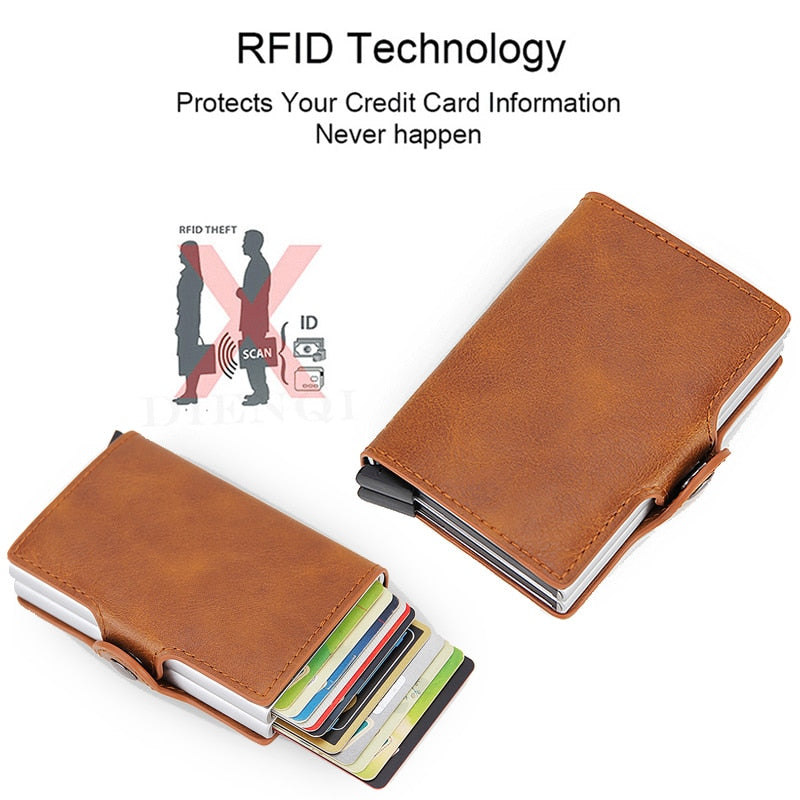 Auto Pop Up Leather Card Holder Wallet For Men Slim Leather Aluminum Card Wallet